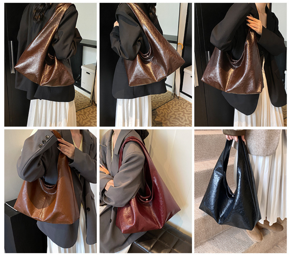 Glossy Wide Strap Hobo Shoulder Bag