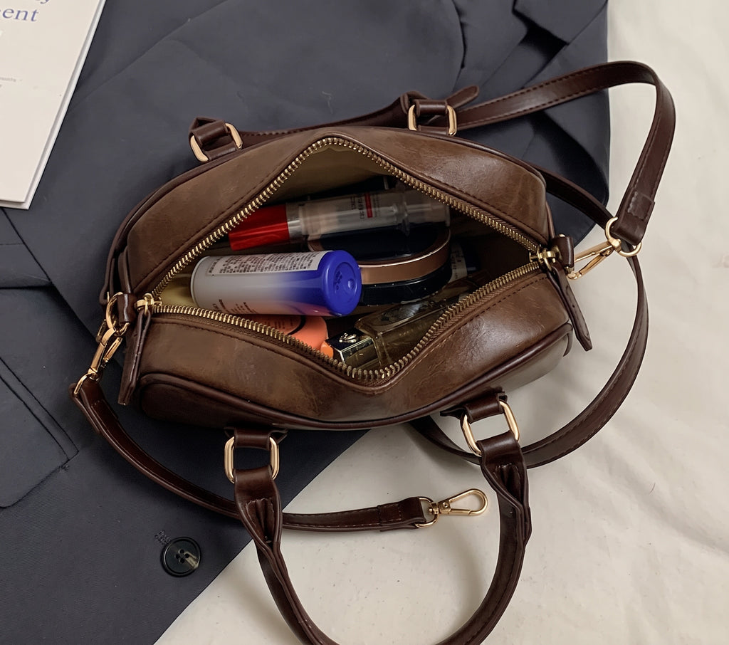 Mini Boston Bag PU Leather Handbag with Detachable Crossbody Strap