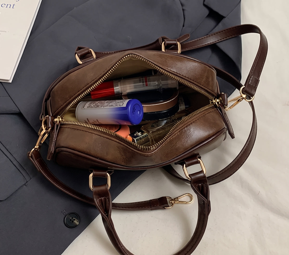 Mini Boston Bag PU Leather Handbag with Detachable Crossbody Strap