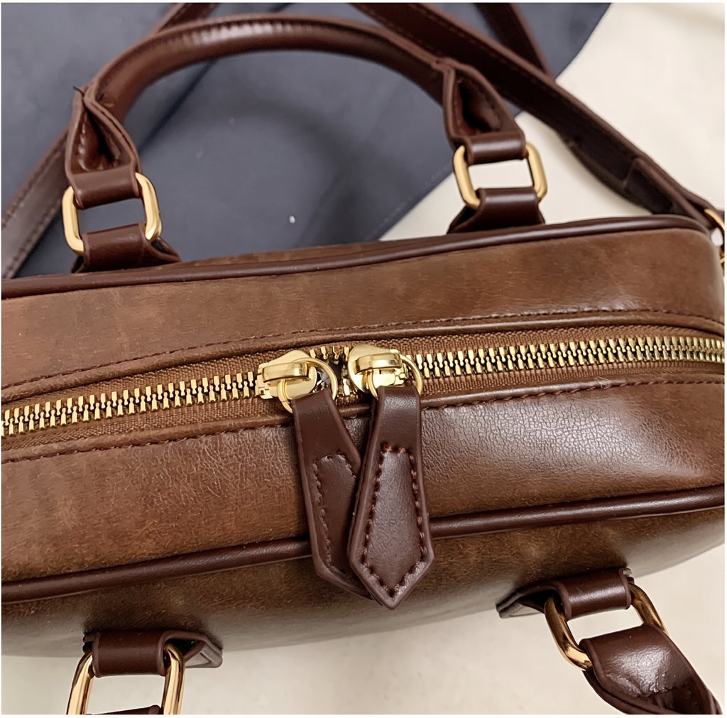 Mini Boston Bag PU Leather Handbag with Detachable Crossbody Strap