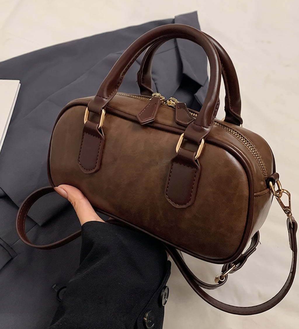 Mini Boston Bag PU Leather Handbag with Detachable Crossbody Strap