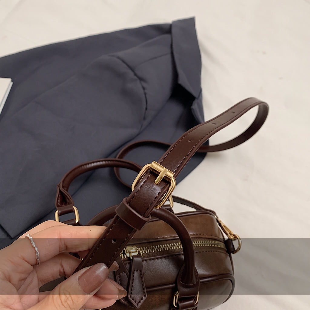 Mini Boston Bag PU Leather Handbag with Detachable Crossbody Strap