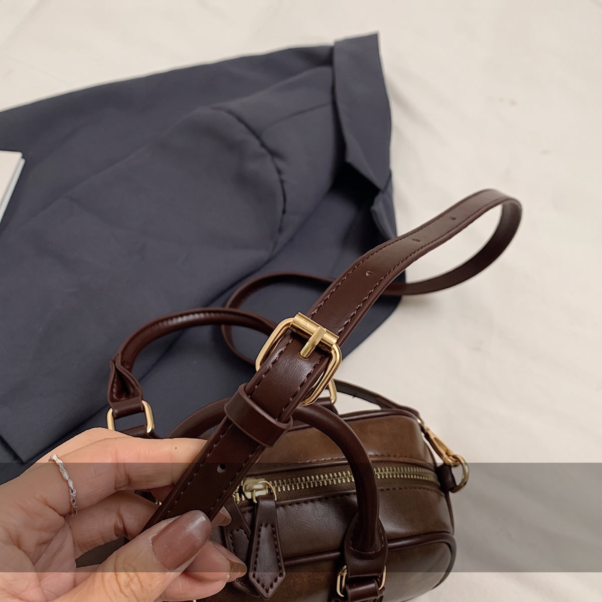 Mini Boston Bag PU Leather Handbag with Detachable Crossbody Strap