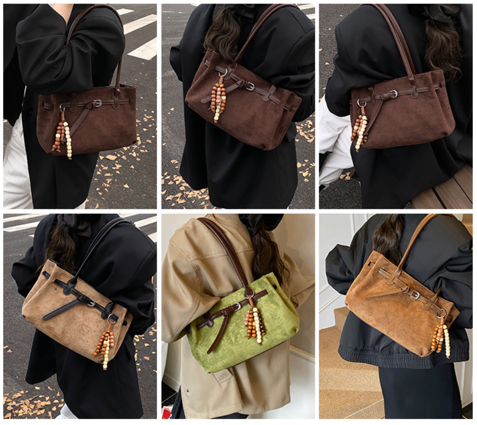 Soft Textured Belted Shoulder Bag with Beaded Charm