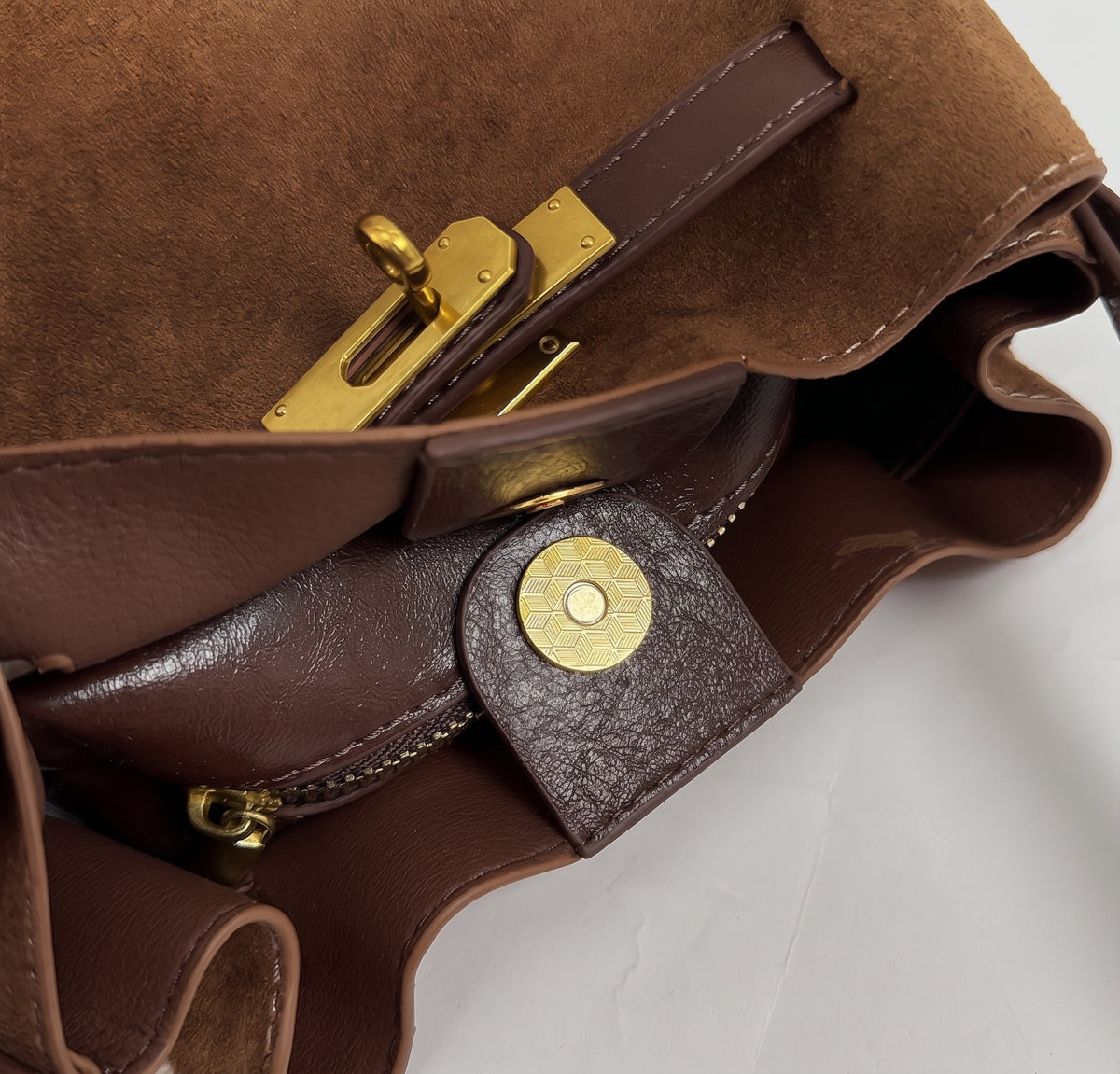 Vintage Textured Faux Suede Handbag with Metal Lock