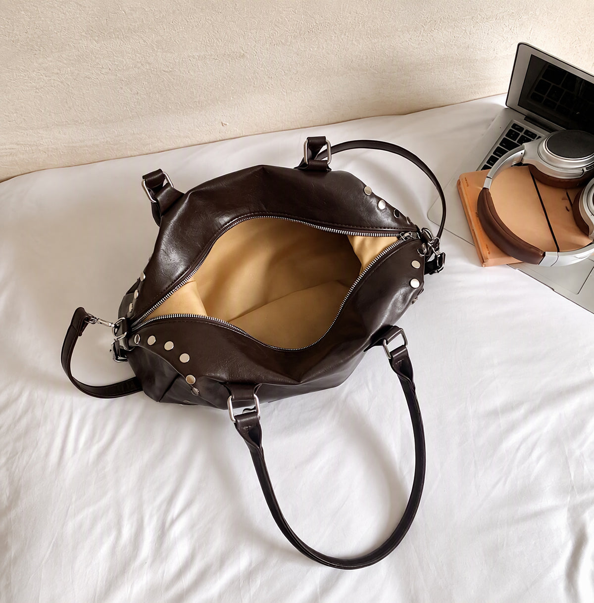 Studded PU Shoulder Bag with Structured Mini Duffle Style
