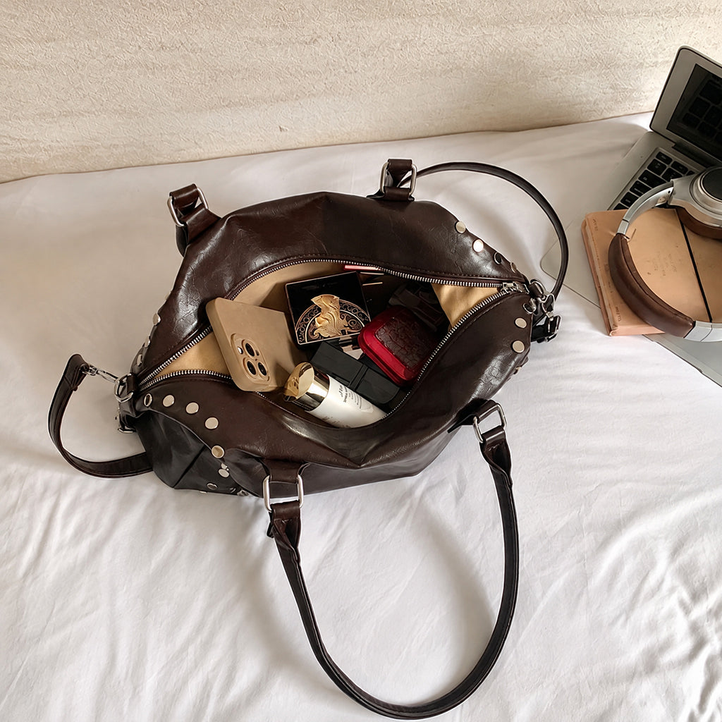 Studded PU Shoulder Bag with Structured Mini Duffle Style