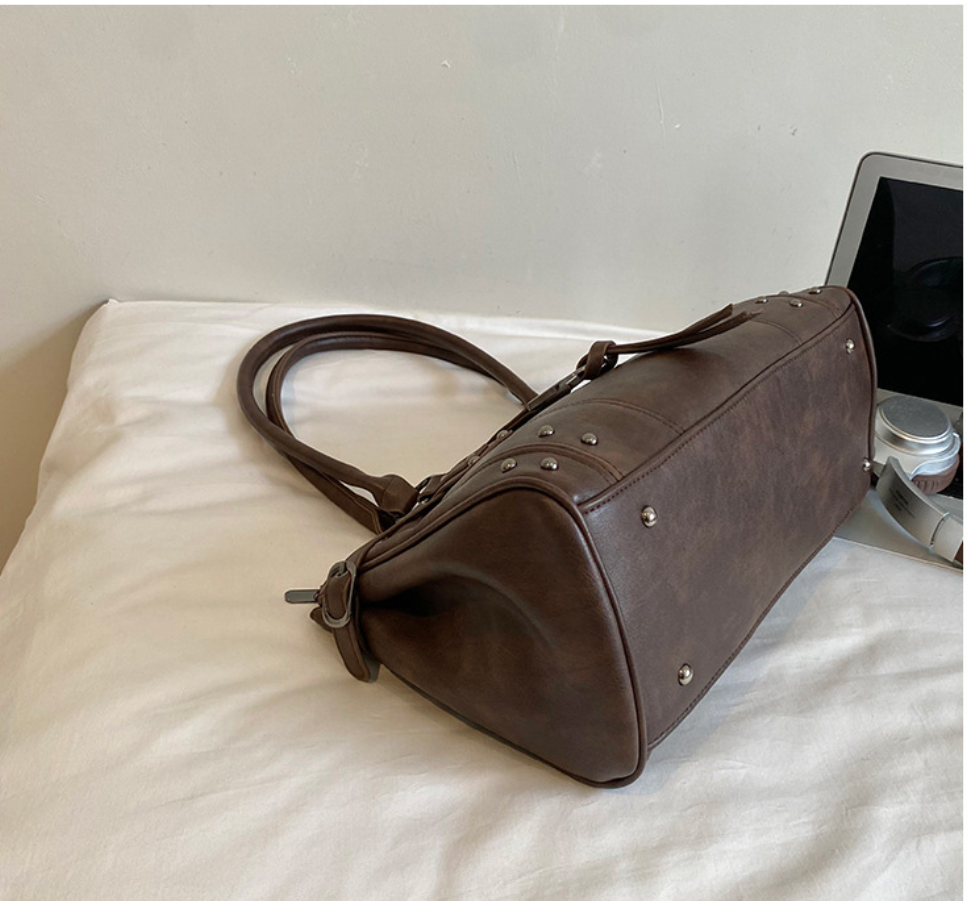Structured PU Leather Shoulder Tote Bag with Rivet Detail