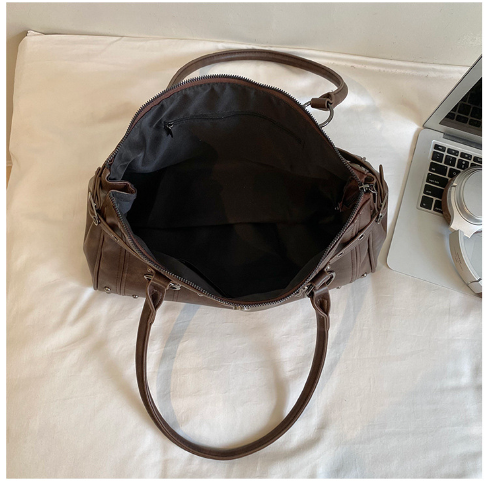 Structured PU Leather Shoulder Tote Bag with Rivet Detail