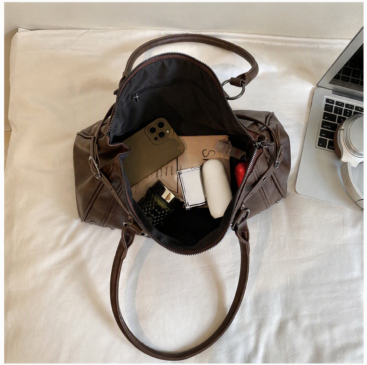 Structured PU Leather Shoulder Tote Bag with Rivet Detail