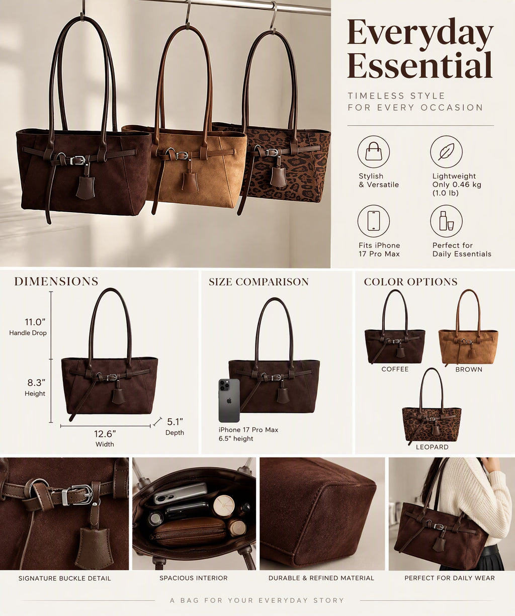 Premium Faux Suede Handbag with Belt Detail