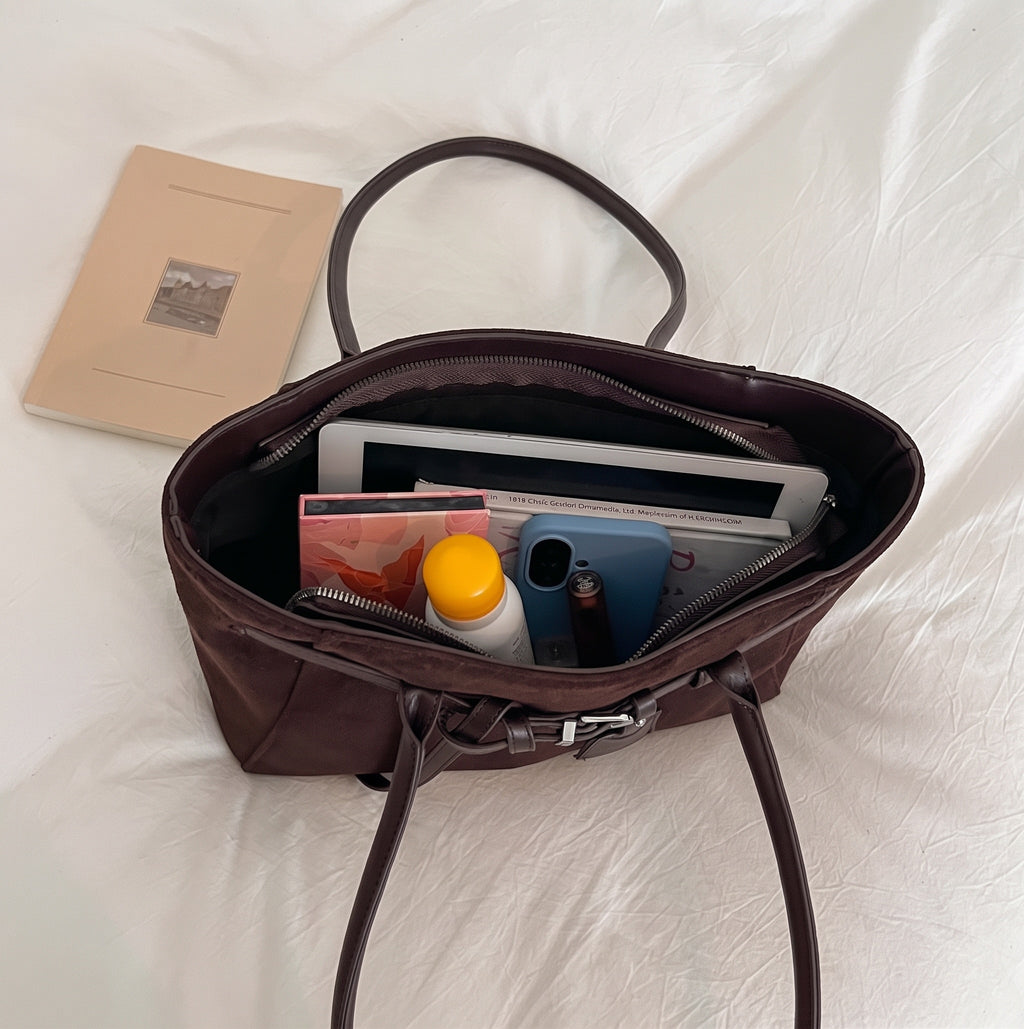Premium Faux Suede Handbag with Belt Detail