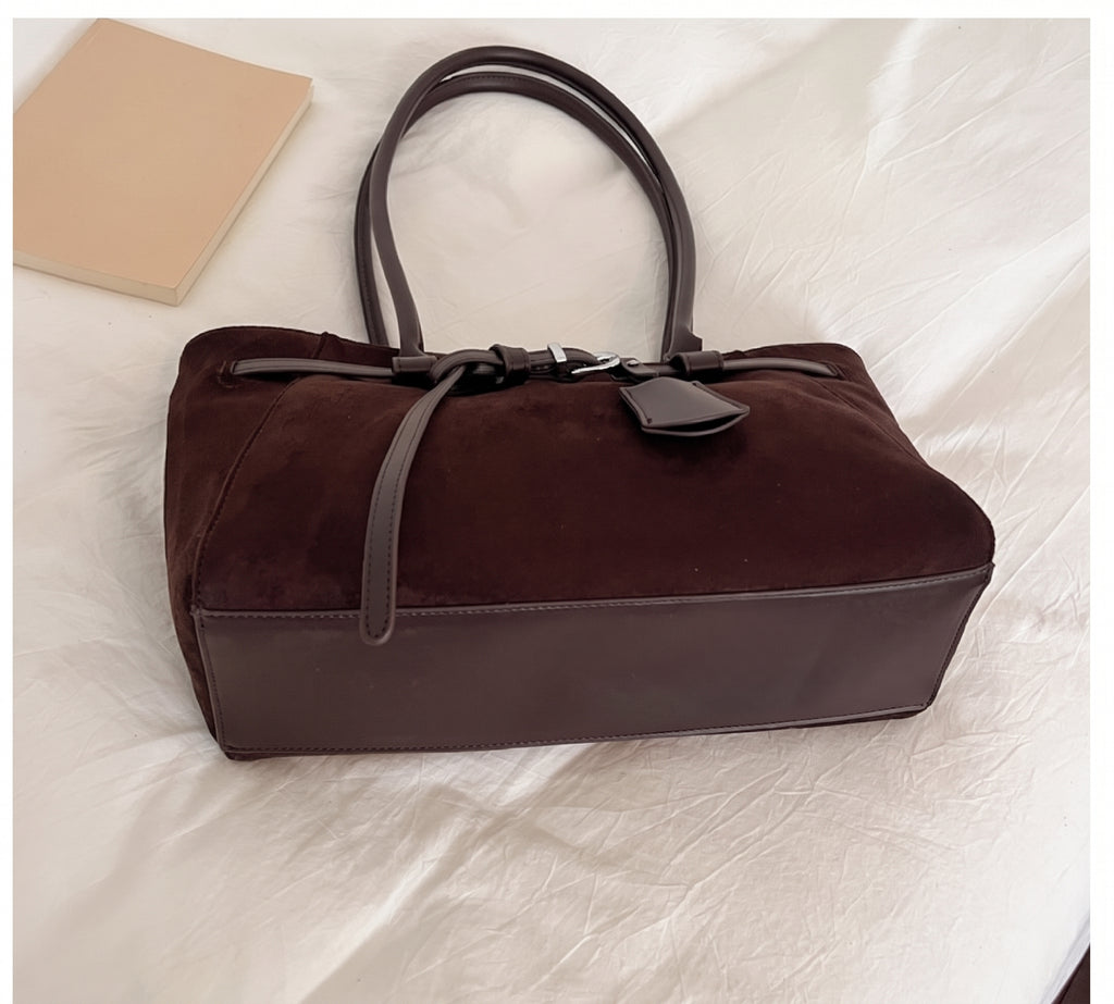 Premium Faux Suede Handbag with Belt Detail