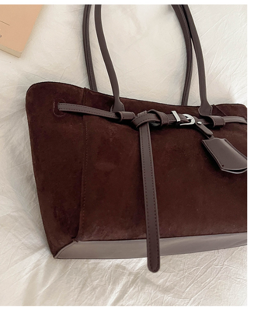 Premium Faux Suede Handbag with Belt Detail