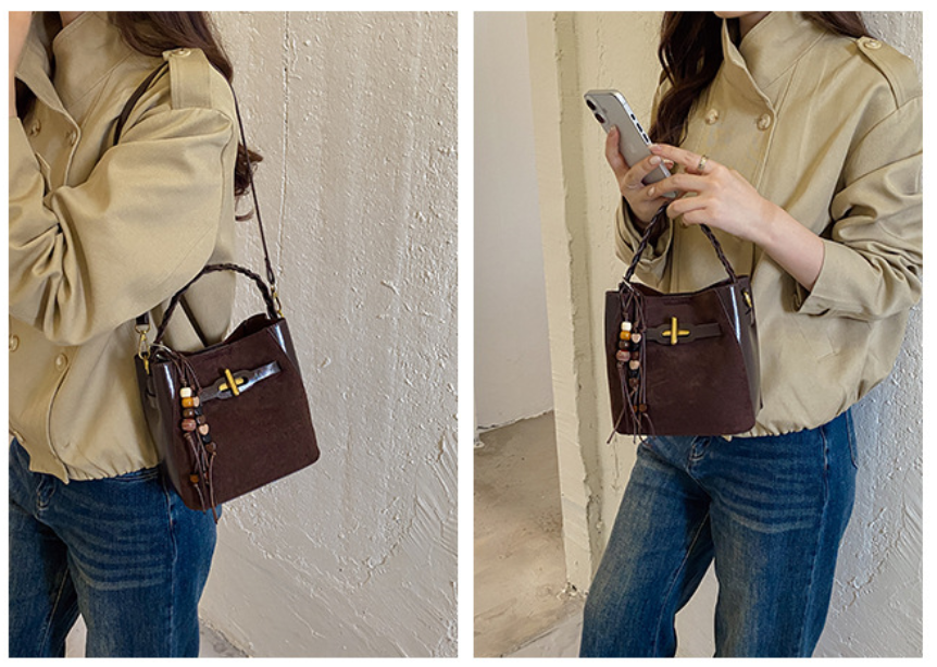 Mini PU Leather Bucket Bag with Twist Lock Detail
