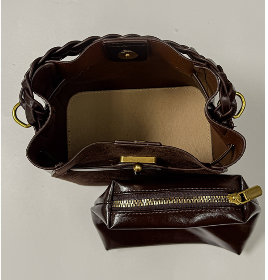 Mini PU Leather Bucket Bag with Twist Lock Detail