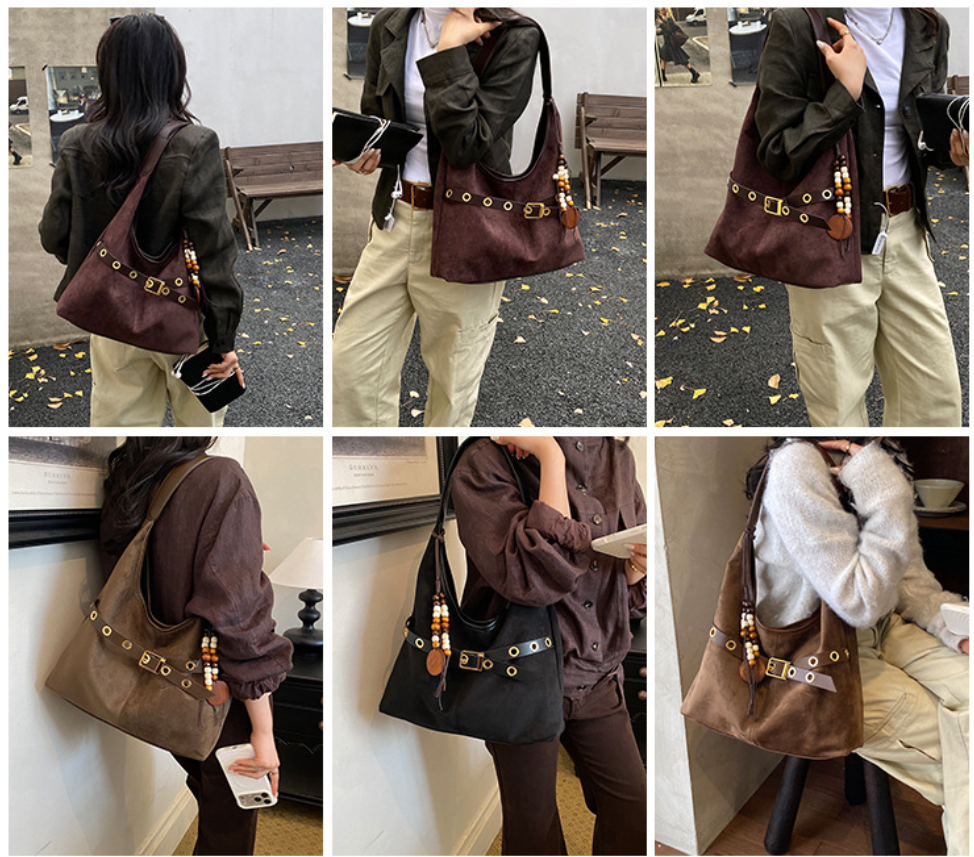 Soft Suede Texture Shoulder Bag with Studded Belt Detail