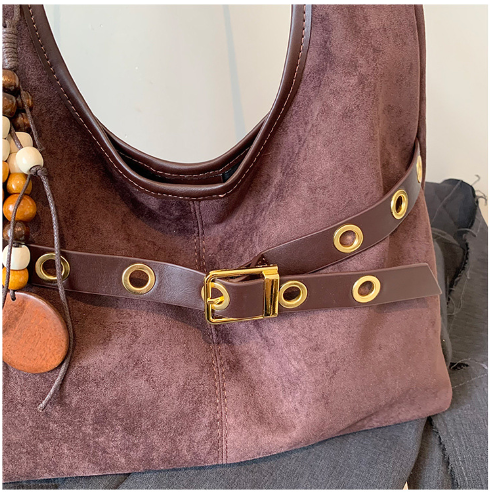 Soft Suede Texture Shoulder Bag with Studded Belt Detail