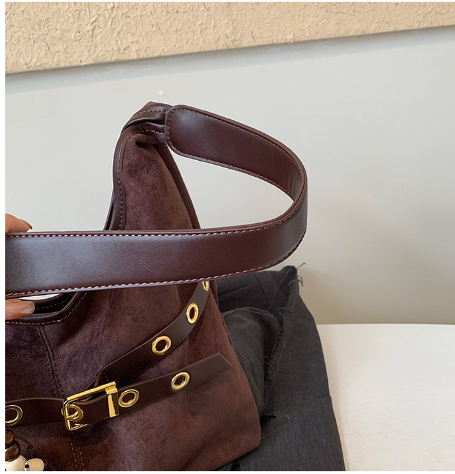 Soft Suede Texture Shoulder Bag with Studded Belt Detail
