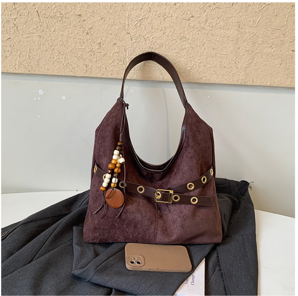 Soft Suede Texture Shoulder Bag with Studded Belt Detail