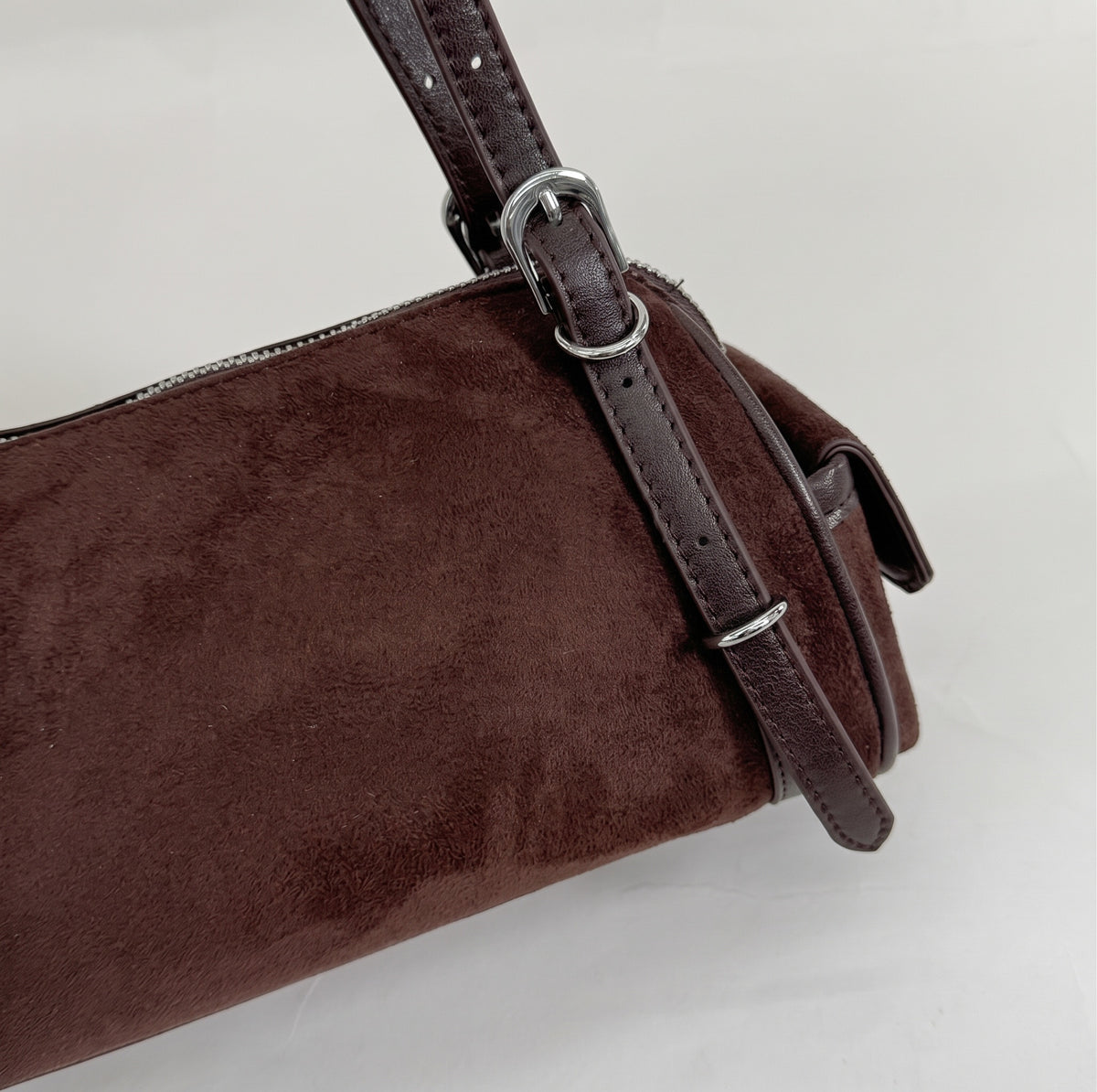 Chic Suede Baguette Shoulder Bag with Double Zipper