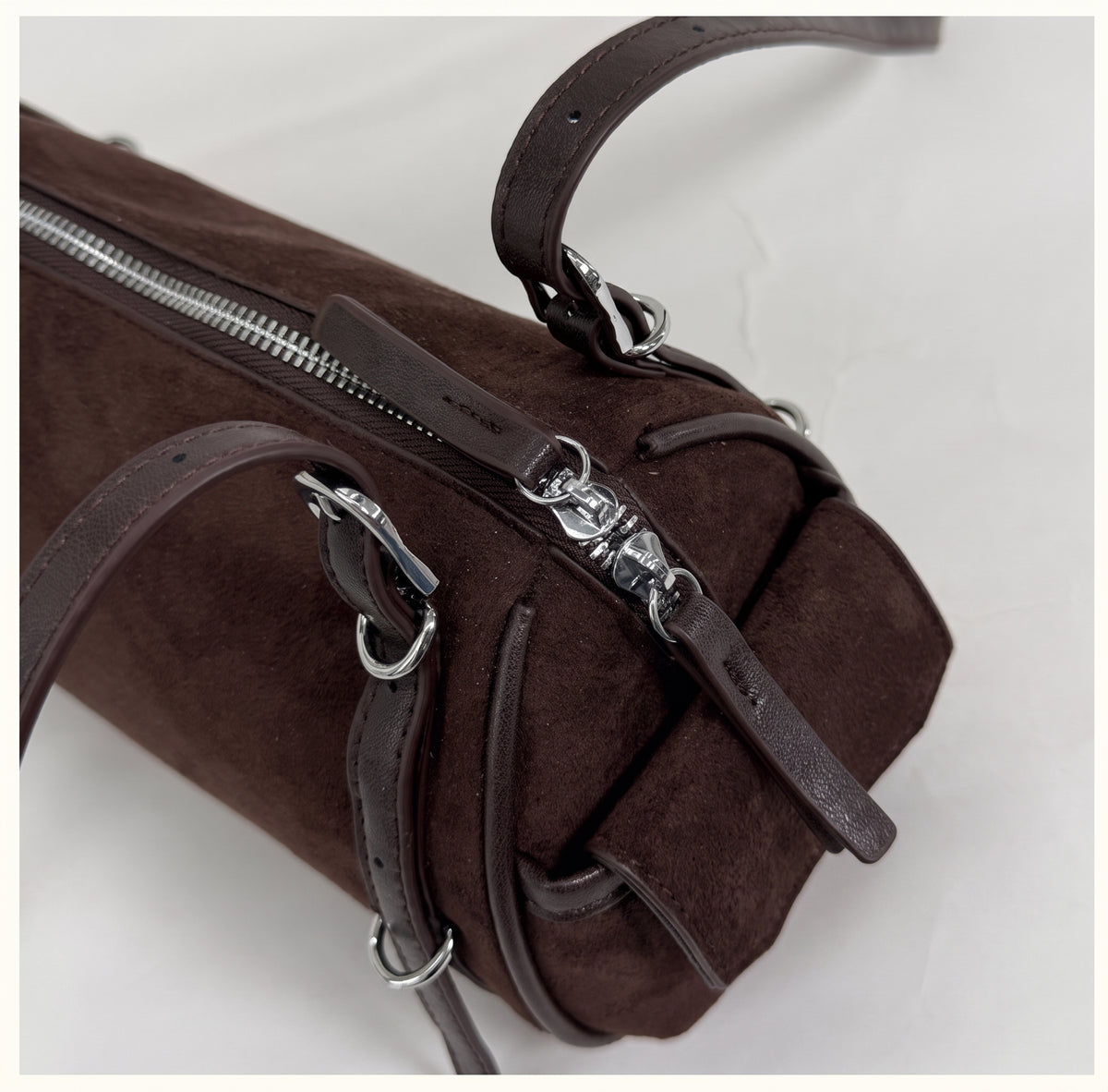 Chic Suede Baguette Shoulder Bag with Double Zipper