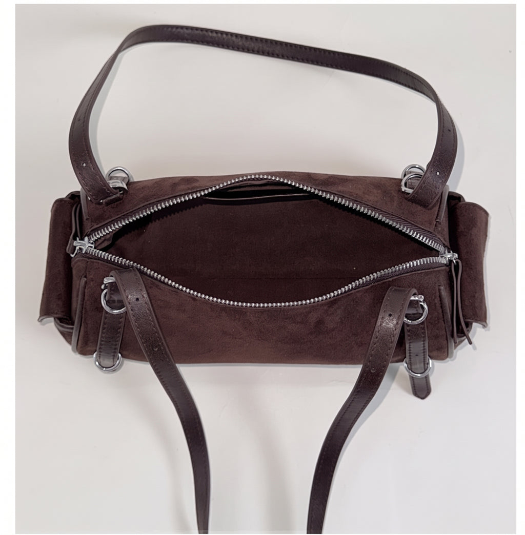 Chic Suede Baguette Shoulder Bag with Double Zipper