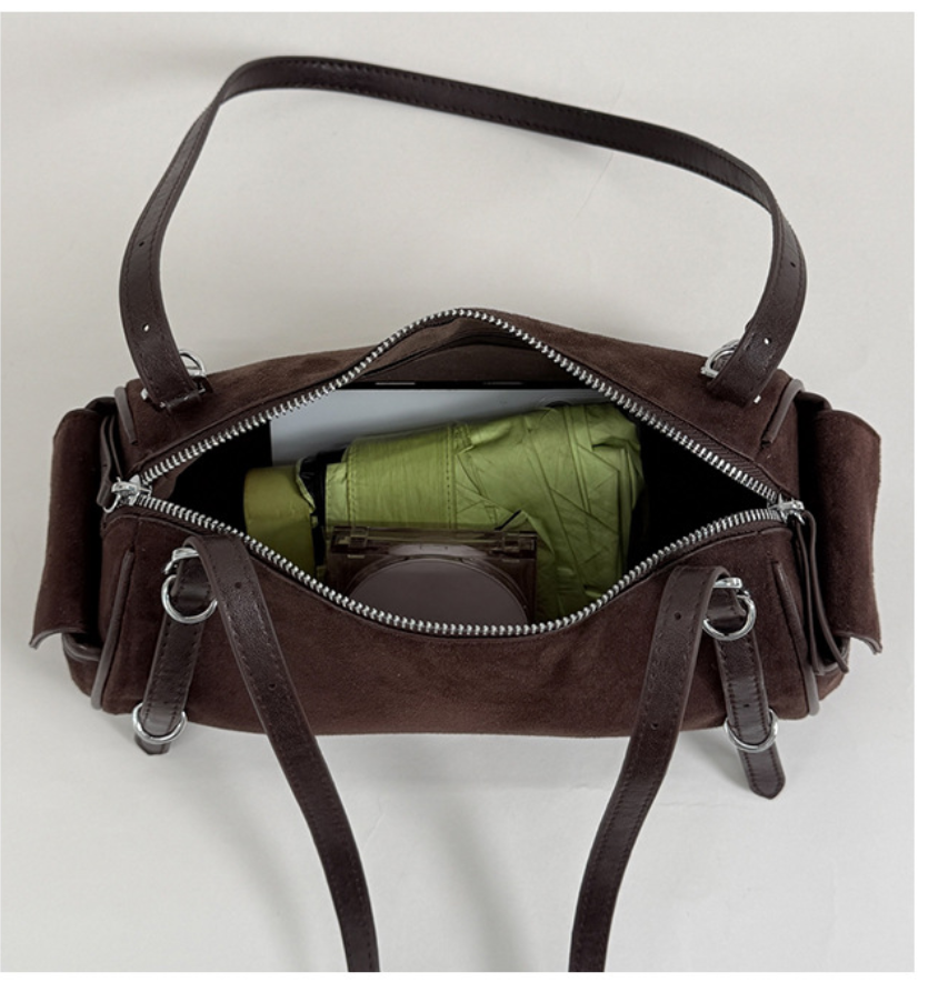 Chic Suede Baguette Shoulder Bag with Double Zipper