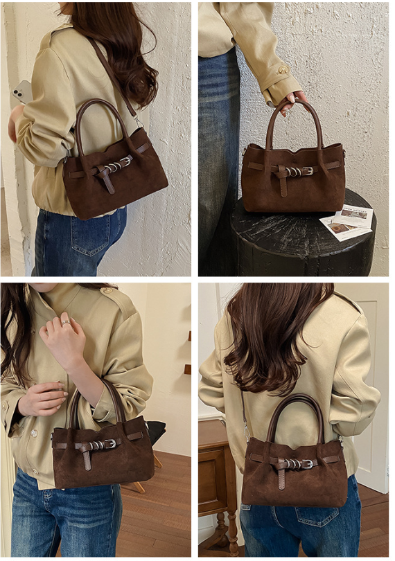Elegant Suede Mini Handbag with Buckle Detail