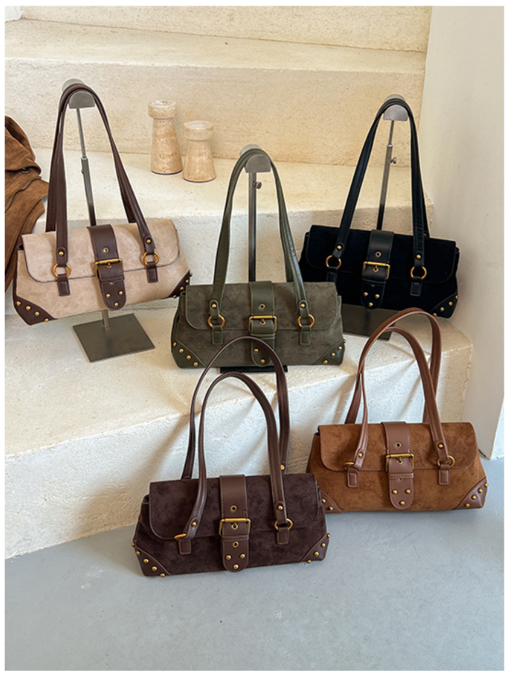 Chic Studded Suede Shoudler Bag with Buckle Detail