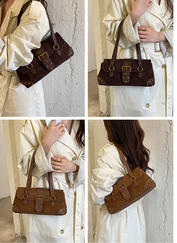 Chic Studded Suede Shoudler Bag with Buckle Detail