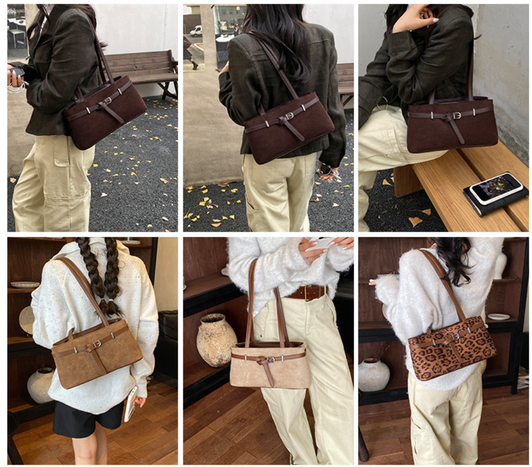 Elegant Suede Shoulder Bag with Buckle Detail