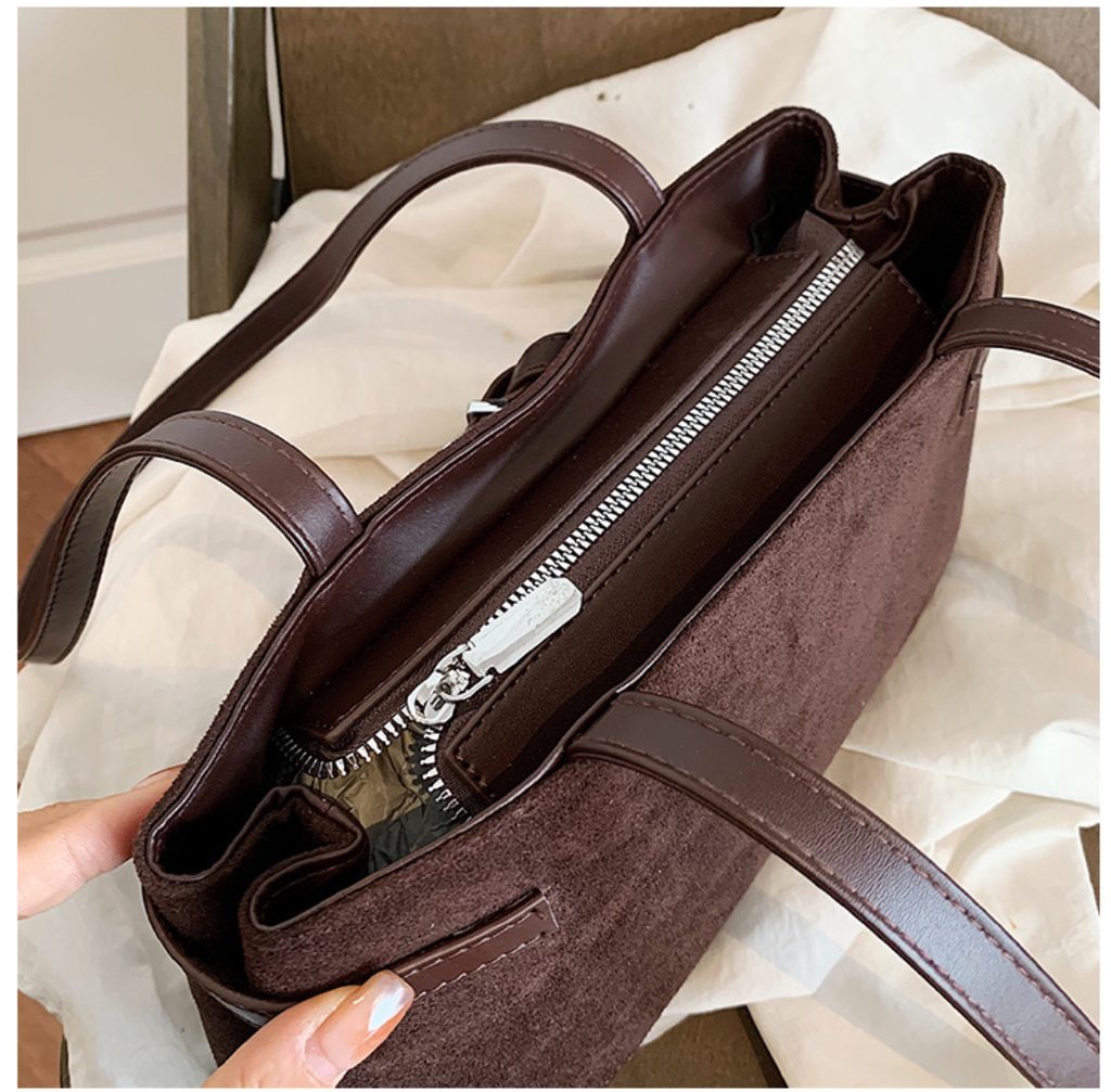Elegant Suede Shoulder Bag with Buckle Detail