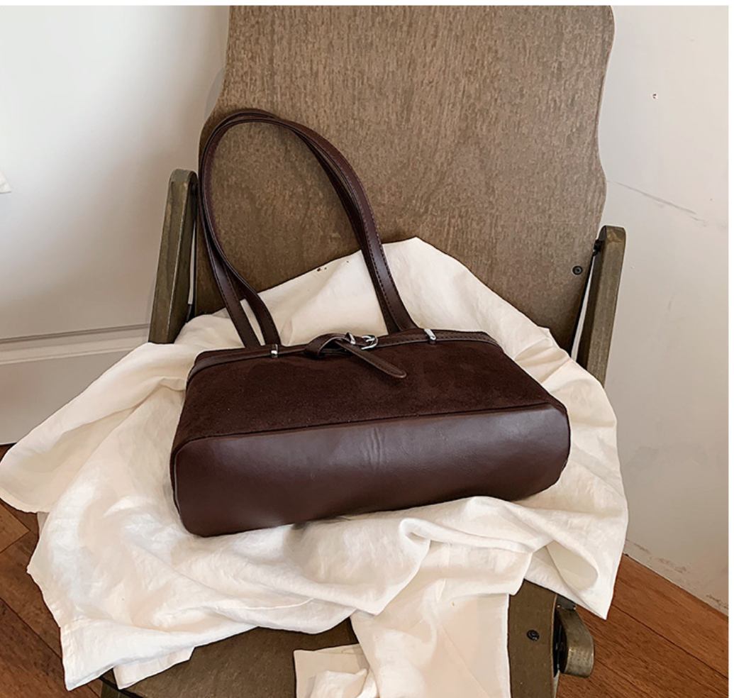 Elegant Suede Shoulder Bag with Buckle Detail