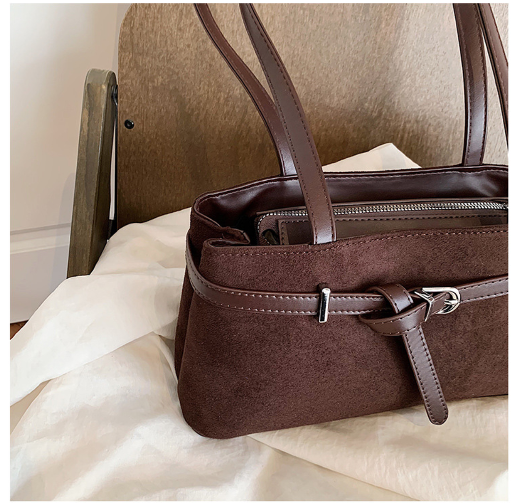 Elegant Suede Shoulder Bag with Buckle Detail