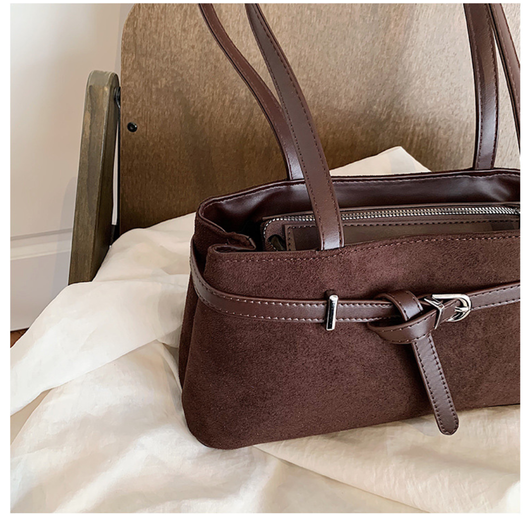 Elegant Suede Shoulder Bag with Buckle Detail