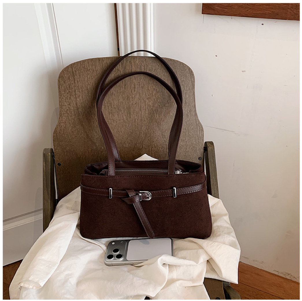 Elegant Suede Shoulder Bag with Buckle Detail