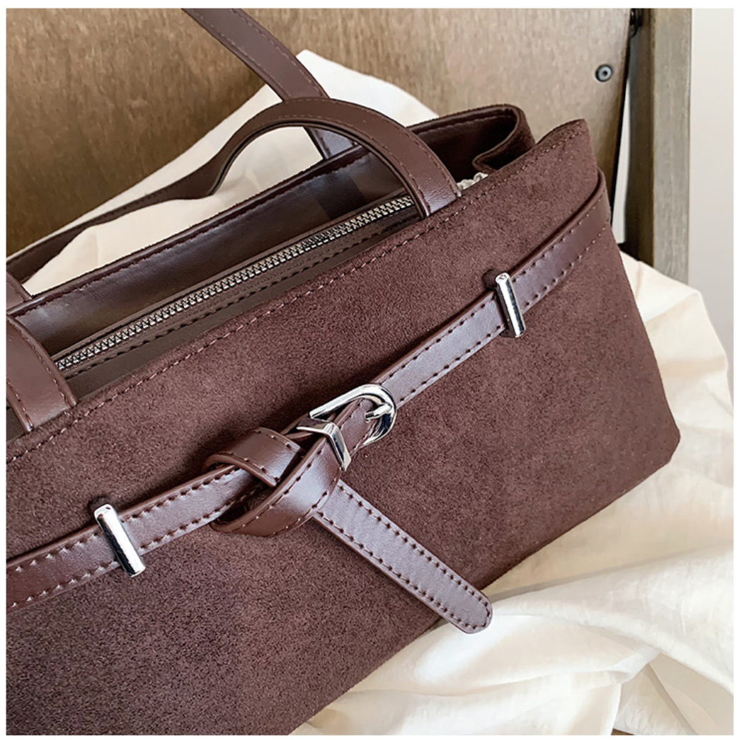 Elegant Suede Shoulder Bag with Buckle Detail