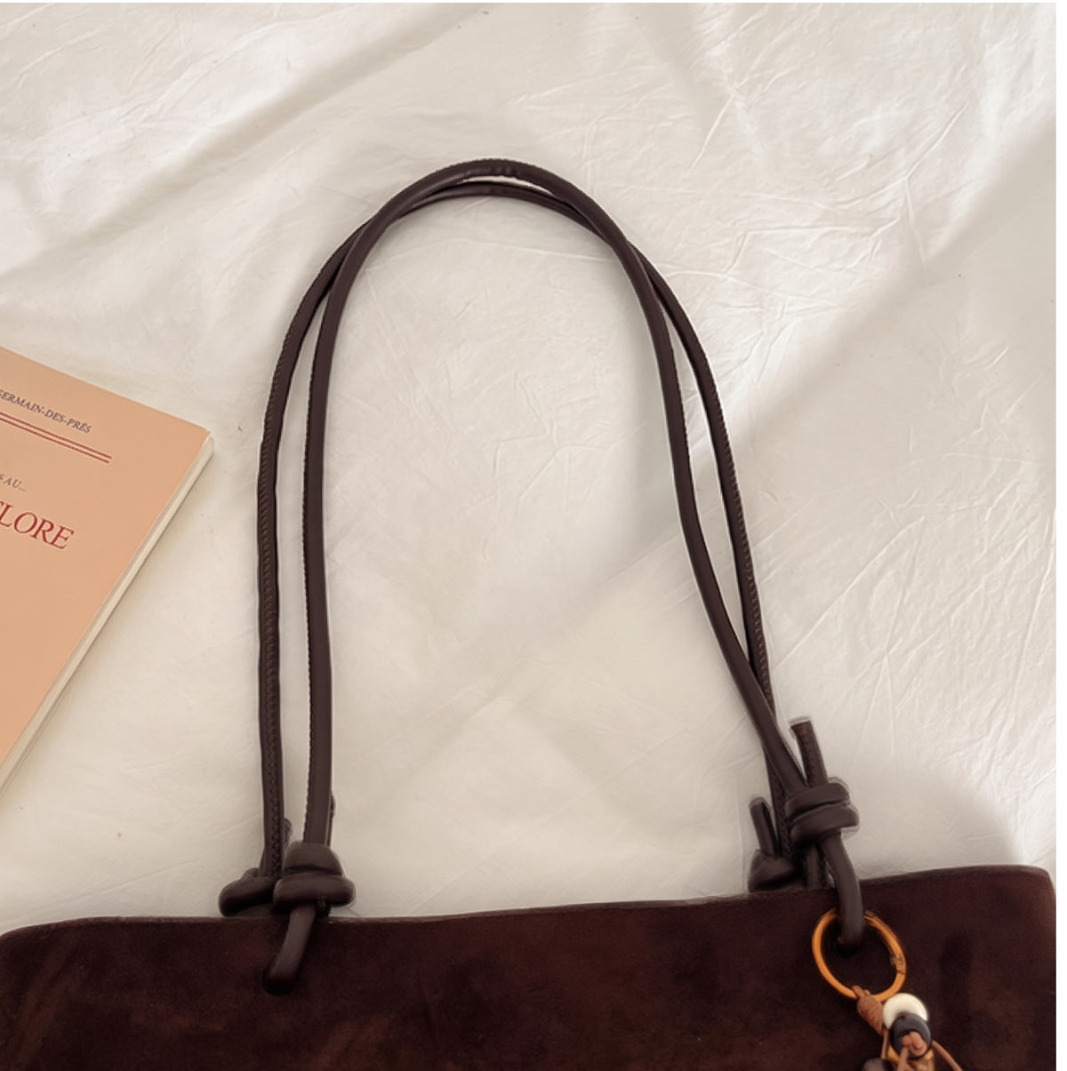 Suede Structured Buckle Detail Handbag with Long Shoulder Strap