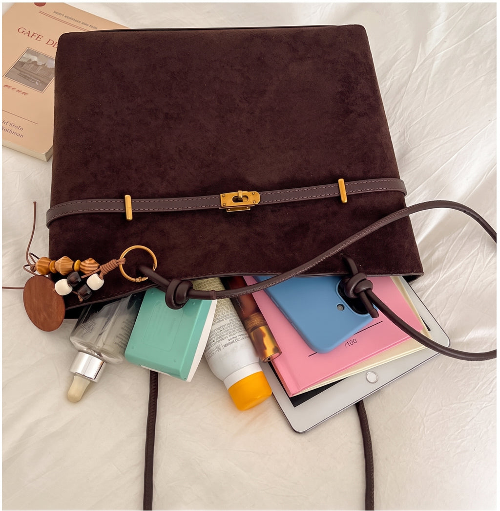 Suede Structured Buckle Detail Handbag with Long Shoulder Strap