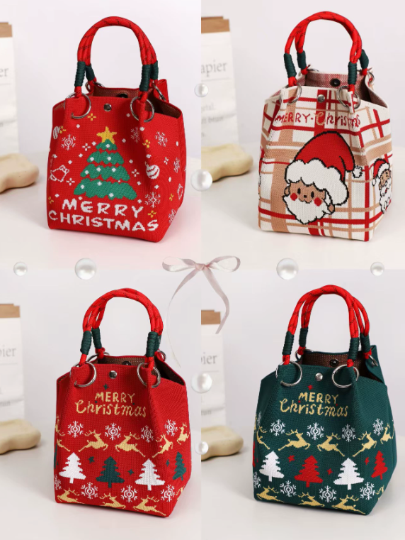 Christmas Knitted Mini Bucket Bag with Rope Handles