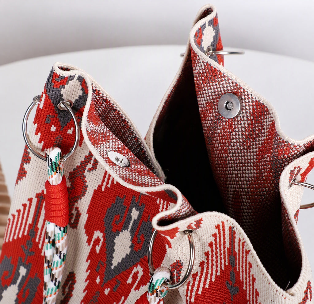 Boho Geometric Knit Tote Bag with Rope Handles