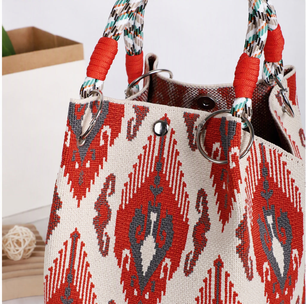 Boho Geometric Knit Tote Bag with Rope Handles