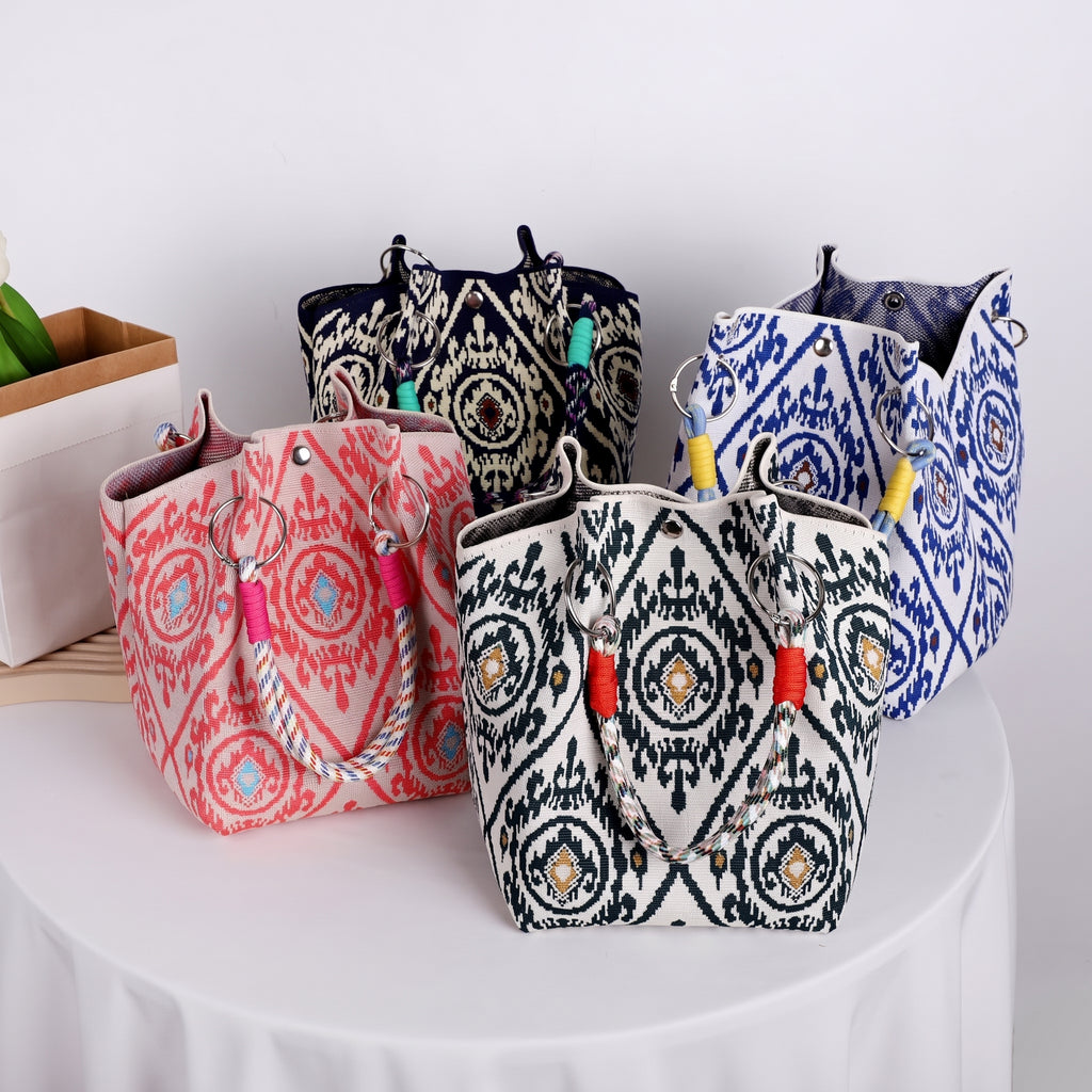 Boho Geometric Knit Tote Bag with Rope Handles