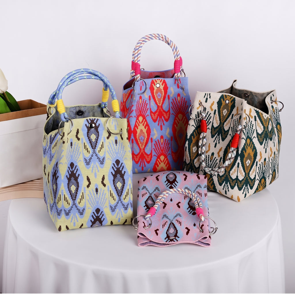 Boho Geometric Knit Tote Bag with Rope Handles