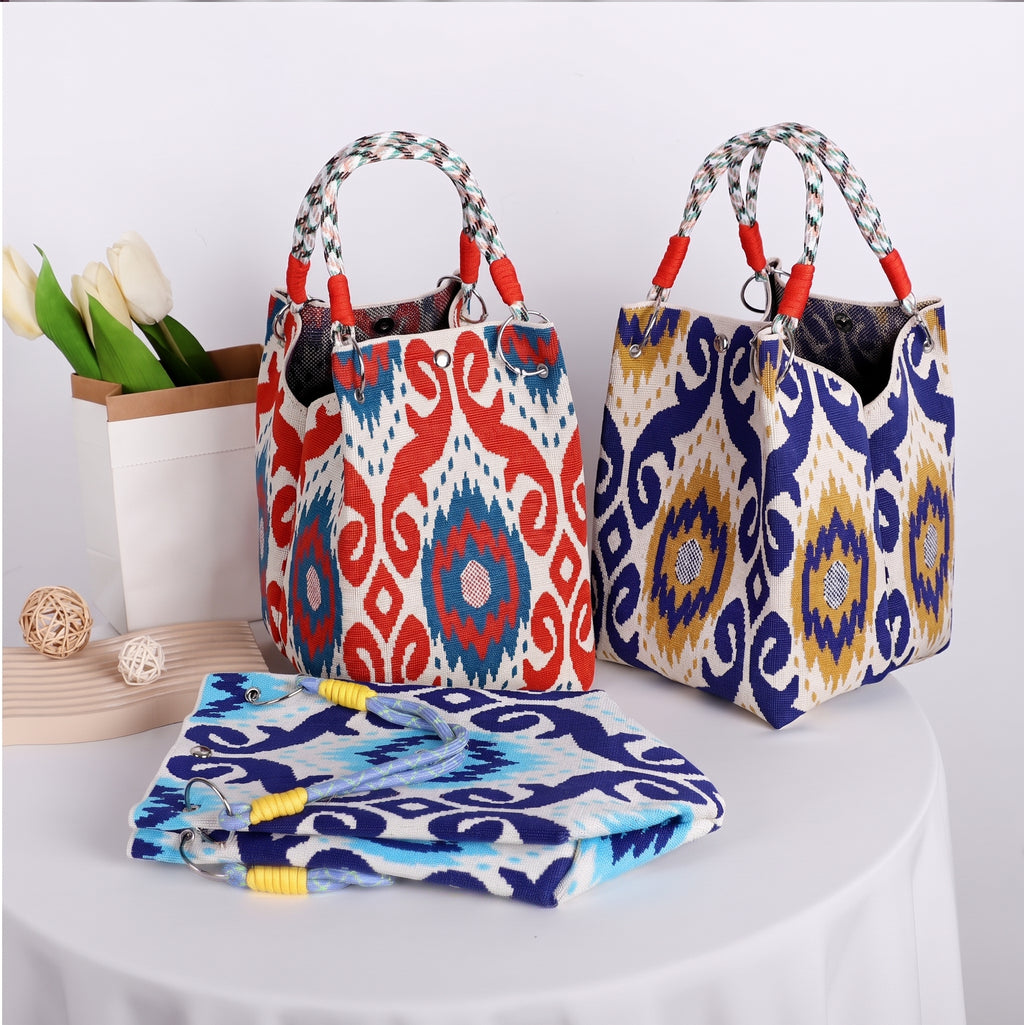 Boho Geometric Knit Tote Bag with Rope Handles