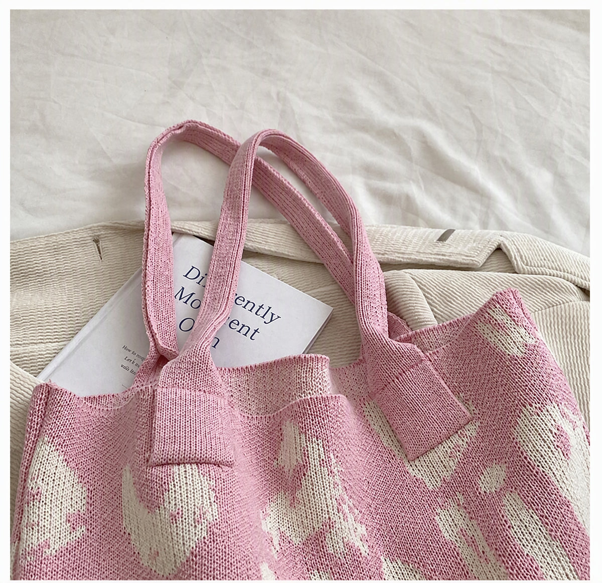 Graphic Letter Knit Tote with Reinforced Straps
