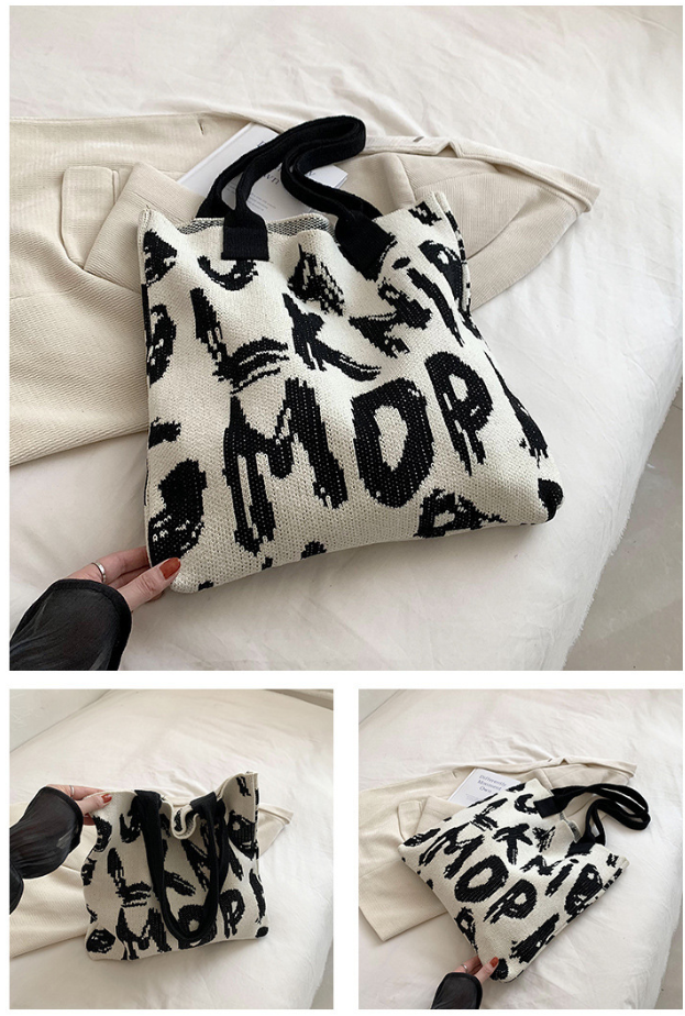 Graphic Letter Knit Tote with Reinforced Straps