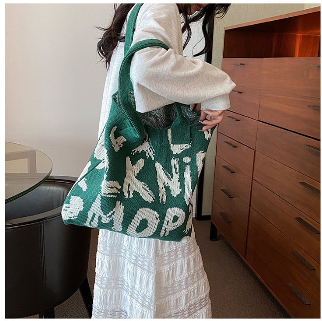 Graphic Letter Knit Tote with Reinforced Straps