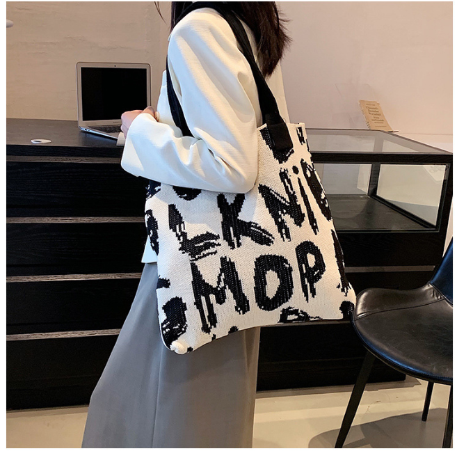 Graphic Letter Knit Tote with Reinforced Straps